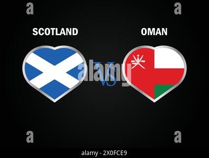 Scozia vs Oman, concetto di Cricket Match con illustrazione creativa dei paesi partecipanti bandiera battitore e cuori isolati su sfondo nero Illustrazione Vettoriale