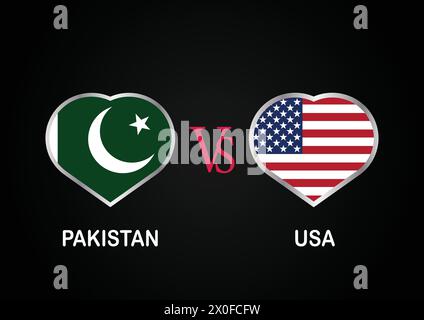 Pakistan vs Stati Uniti, concetto di Cricket Match con illustrazione creativa dei paesi partecipanti bandiera battitore e cuori isolati su sfondo nero Illustrazione Vettoriale