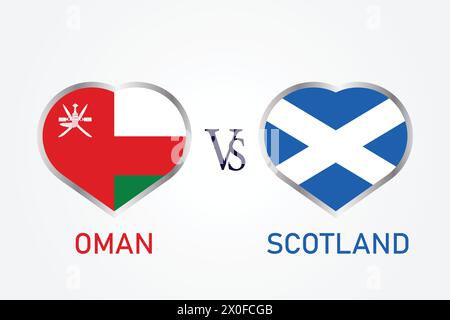 Oman vs Scotland, concetto di Cricket Match con illustrazione creativa dei paesi partecipanti bandiera battitore e cuori isolati su sfondo bianco Illustrazione Vettoriale
