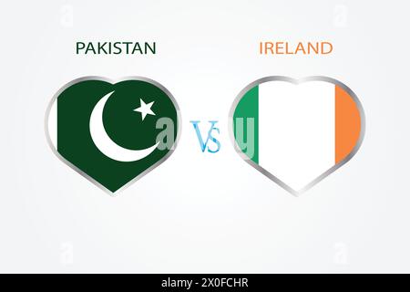 Pakistan vs Irlanda, concetto di Cricket Match con illustrazione creativa dei paesi partecipanti bandiera battitore e cuori isolati su sfondo bianco Illustrazione Vettoriale