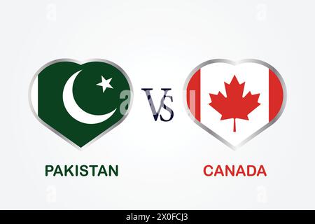 Pakistan vs Canada, concetto di Cricket Match con illustrazione creativa dei paesi partecipanti bandiera battitore e cuori isolati su sfondo bianco Illustrazione Vettoriale
