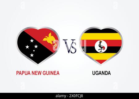 Papua nuova Guinea vs Uganda, concetto di Cricket Match con illustrazione creativa dei paesi partecipanti bandiera battitore e cuori isolati su bianco Illustrazione Vettoriale