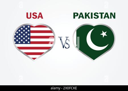 USA vs Pakistan, concetto di Cricket Match con illustrazione creativa dei paesi partecipanti bandiera battitore e cuori isolati su sfondo bianco Illustrazione Vettoriale