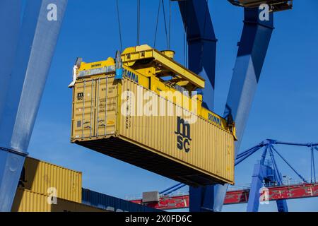 11 aprile 2024, Mannheim (Germania): Un container della Mediterranean Shipping Company (MSC) viene caricato nel porto Foto Stock