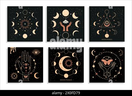 Banner Set fasi lunari mistiche e mani e falce femminili, alchimia esoterica spazio magico, ruota sacra dell'anno, vettore isolato su sfondo nero Illustrazione Vettoriale