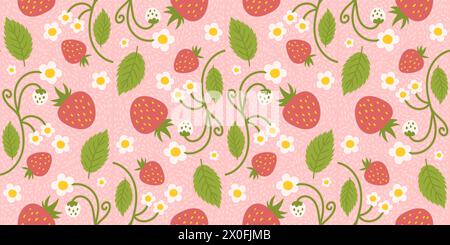 Design di un motivo di fragole senza cuciture con bacche, fiori e foglie verdi affascinanti. Design ripetuto della superficie applicabile a abbigliamento, tessuti, involucri Illustrazione Vettoriale