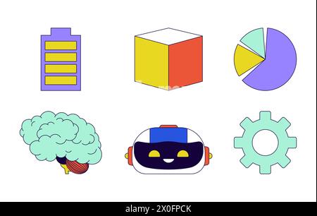 Tecnologia AI che elabora il set di oggetti cartoon lineari 2D. Illustrazione Vettoriale