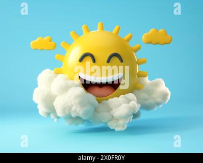 Smilie affronta il sole con le nuvole emoji 3d rendere felice Foto Stock