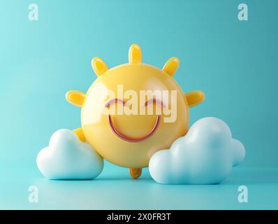 Smilie affronta il sole con le nuvole emoji 3d rendere felice Foto Stock