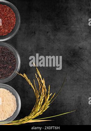 Tre ciotole trasparenti mostrano diverse varietà di riso: Basmati, Wild e Brown. L'assortimento rappresenta diversi tipi di cereali utilizzati in cu internazionale Foto Stock