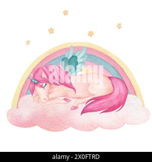 Illustrazione acquerello di un simpatico unicorno addormentato con ali su nuvole con stelle e arcobaleno nei colori rosa e turchese. Cartone animato fiabesco Foto Stock