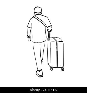 vista posteriore dell'uomo con valigia per l'illustrazione di viaggio vettore disegnato a mano su sfondo bianco Illustrazione Vettoriale