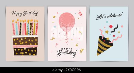 Biglietto di auguri e modelli di invito per il buon compleanno con torta glitter e palloncino. Illustrazione vettoriale Illustrazione Vettoriale