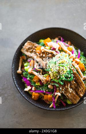 Primo piano di una ciotola di verdure colorate con verdure tritate e carne cotta. Le verdure sono disposte in modo ordinato e la carne è cucinata a perfti Foto Stock