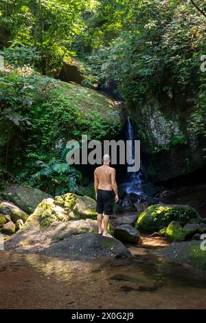 Uomo adulto che fa il bagno sulla cascata all'ingresso della grotta nella verde foresta atlantica Foto Stock