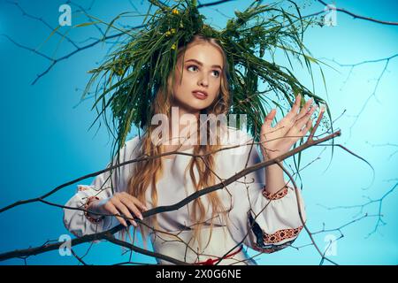 Una giovane donna si erge graziosamente di fronte a un albero torreggiante, indossando un abito tradizionale con dettagli ornamentali, che irradia vibrazioni da favola e fantasia. Foto Stock