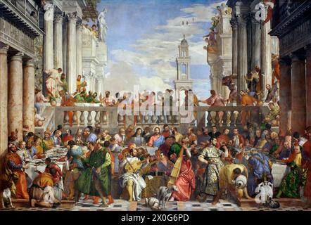 La festa nuziale a Cana (nozze di Cana, 1562-1563), di Paolo Veronese, è un dipinto rappresentativo che raffigura la storia biblica delle nozze di Cana, in cui Gesù miracolosamente converte l'acqua in vino rosso Foto Stock