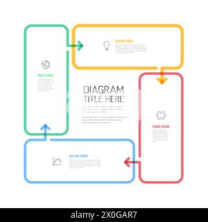 Quattro rettangoli di contenuti con frecce in un unico ciclo infografica multiuso su sfondo bianco con contenuti di esempio, titoli e semplici icone. Ciclo Illustrazione Vettoriale