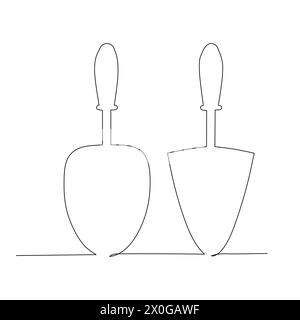 Illustrazione del set di cazzuola disegnata a mano con design piatto. Vettore per il concetto industriale e ingegneristico. disegno continuo a linea singola. Illustrazione Vettoriale