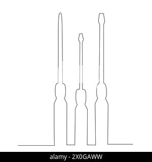 set di cacciaviti. Cacciavite a testa piatta e Phillips. Design vettoriale del concetto industriale. disegno continuo a linea singola. Illustrazione Vettoriale