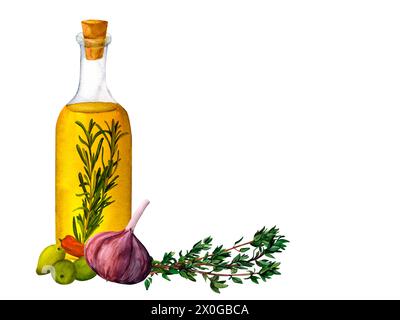 Olio d'oliva aromatizzato con spezie, erbe aromatiche da cucina, olive e aglio. Composizione ad acquerello disegnata a mano per la stampa su cartoline, inviti, resi Foto Stock