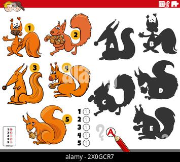 Illustrazione cartoni animati che mostra come trovare le ombre giuste per il gioco educativo con gli scoiattoli personaggi degli animali Illustrazione Vettoriale