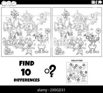 Illustrazione di cartoni animati che mostra le differenze tra le immagini attività educative con clown e personaggi comici che colorano la pagina Illustrazione Vettoriale