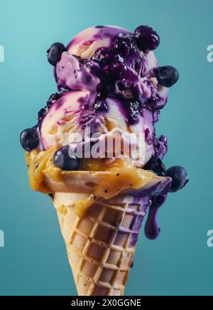 Due cucchiai di gelato al mirtillo sul cono superiore Foto Stock