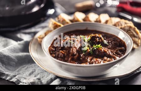 Tradizionale viennese, veleno o gulasch ungherese con gnocchi Karlovy Vary e vino rosso. Foto Stock