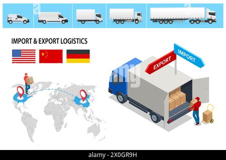 Isometric Shipping, Logistic Systems, Cargo Transport. Trasporto di camion merci, consegna, scatole. Consegna rapida o trasporto logistico. Consegna e. Illustrazione Vettoriale