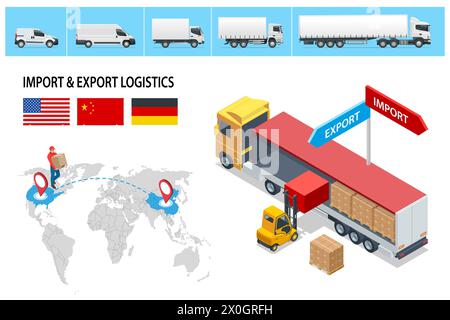 Isometric Shipping, Logistic Systems, Cargo Transport. Trasporto di camion merci, consegna, scatole. Consegna rapida o trasporto logistico. Consegna e. Illustrazione Vettoriale