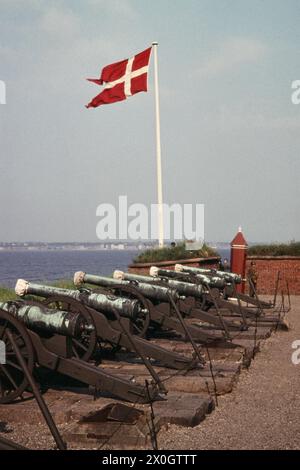Cannoni di fronte ad una bandiera danese al Castello di Kronborg a Helsingor, nel nord-est della Danimarca. [traduzione automatica] Foto Stock