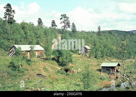 Cabine in legno circondate dalla foresta di Morgamoja nel Parco Nazionale Lemmenjoki. [traduzione automatica] Foto Stock