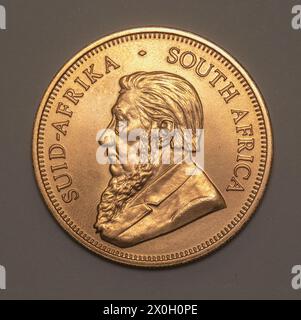 1 oncia di moneta d'oro sudafricana Krugerrand (2016) - foto macro ad alta risoluzione primo piano Foto Stock