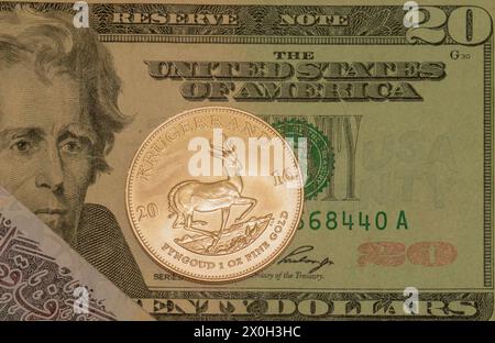 1 oncia di moneta d'oro Kruger Rand sudafricana originale da 24 carati contro diverse comuni valute cartaceo fiat; dollaro degli stati uniti d'America; Foto Stock