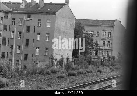 Questa foto è stata scattata dal treno in movimento alla stazione S-Bahn di Wollankstraße. Se avessi scattato la foto alla stazione, ci sarebbero stati sicuramente problemi con la polizia della Germania dell'Est. Questa stazione Della S-Bahn è speciale perché all'epoca era situata interamente a Berlino Est, ma era accessibile solo ai viaggiatori provenienti da Berlino Ovest. Ciò significa che la S-Bahn di Berlino Ovest usava questa stazione. Nell'immagine dietro l'argine, è possibile vedere il bordo superiore della recinzione di Genzzaun, la sua illuminazione e i vecchi edifici che ancora raggiungevano l'argine all'epoca. Questi sono stati successivamente Foto Stock