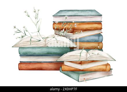 Set di libri con piante e fiori bianchi illustrazione acquerello isolata su sfondo bianco. Aprire e impilare libri di colori marrone/verde Foto Stock