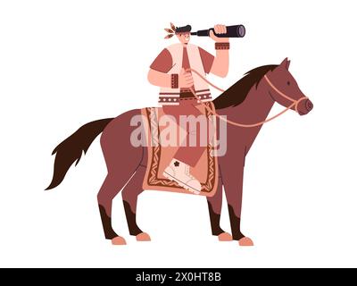 Un uomo della tribù nativa americana che cerca attività ricreative con animali da cavallo binoculari e di colore marrone Illustrazione Vettoriale