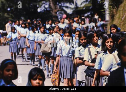 Giovani ragazze indiane in uniforme scolastica attendono la visita di Indira Gandhi a Shimla [traduzione automatica] Foto Stock