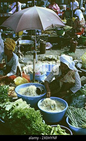 Due greengrocers femminili sono seduti sul pavimento al mercato di Kota Baru in Malesia e offrono i loro beni. [traduzione automatica] Foto Stock