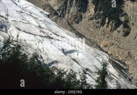 Il ghiacciaio visto dalla Buvette du Cerro a 1358 m. ci sono molte persone sulla lingua del ghiacciaio. [traduzione automatizzata] Foto Stock