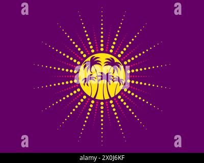 Raggi di sole dai punti in stile pop art. Sagome di palme sullo sfondo del sole. Palme tropicali. Design per striscioni, poster e ballo Illustrazione Vettoriale