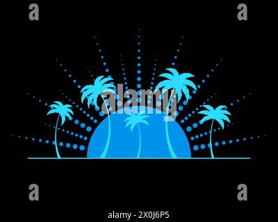 Sagome blu di palme sullo sfondo del sole con raggi di punti. Silhouette tropicali di palme al tramonto nello stile del 9 Illustrazione Vettoriale