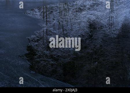 Il ghiaccio che si forma su un lago, gli alberi innevati si riflettono nell'acqua scura, in Germania Foto Stock