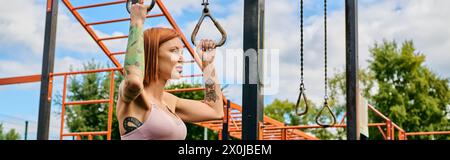 Una donna determinata con una maglia rosa esegue un pull-up all'aperto, mostrando motivazione. Foto Stock