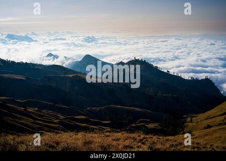 Vista dalla ruota del cratere di Lombok avvolta dalla nebbia nel Parco Nazionale del Monte Rinjani, Lombok, Indonesia Foto Stock