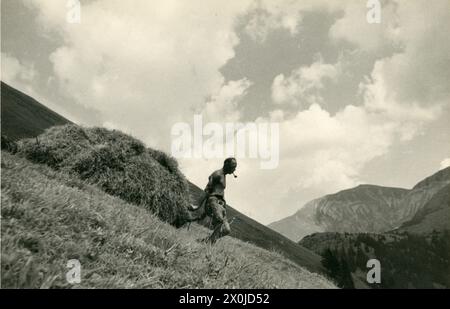 Raccolta del fieno nella valle di Traufbach al Fällenstein 1947, Allgäu, Baviera, Germania Foto Stock