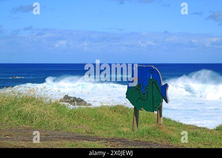 Grandi onde che si infrangono sulla costa dell'oceano Pacifico, la città di Hanga Roa, l'isola di Pasqua, il Cile, il Sud America Foto Stock