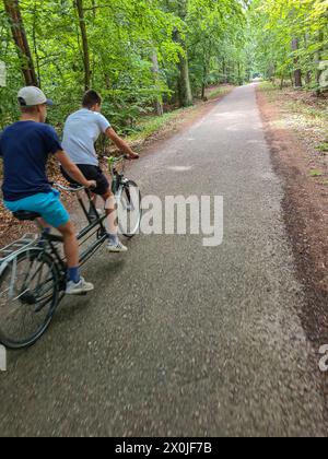 Due adolescenti in tandem su una strada stretta attraverso una foresta verde nella località turistica di Prerow, Fischland Darß, Meclemburgo-Vorpommern, Germania Foto Stock