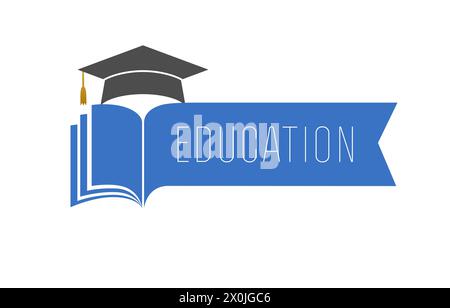 Creazione di banner didattici pubblicitari. Concept del logo scolastico. Modello pubblicitario universitario. Libro aperto con pagina bianca, cappello accademico creativo. Laureato Illustrazione Vettoriale